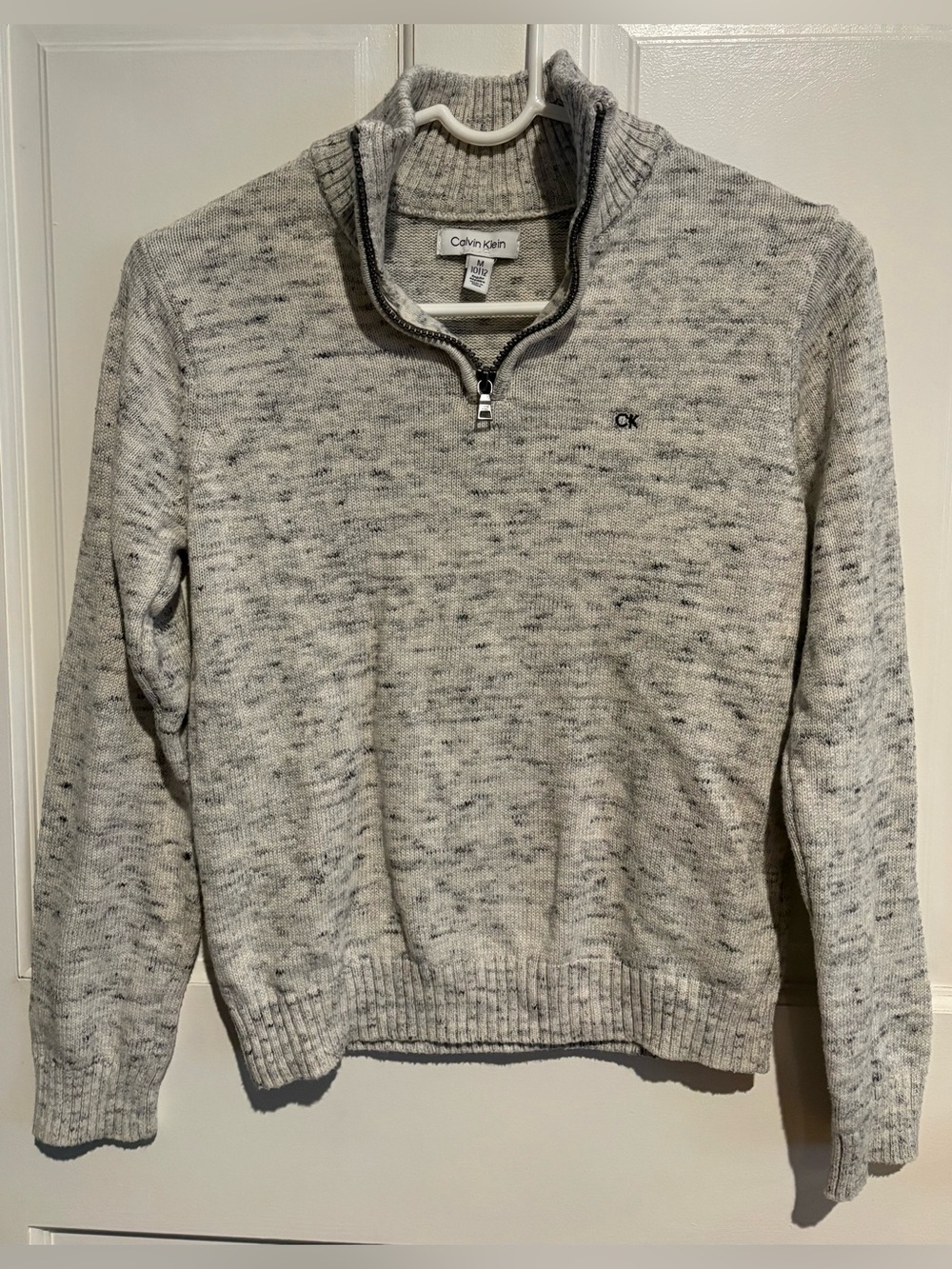 Calvin Klein Quarter Zip Sweater Size M 10/12 Marled Grey White Knit 100% Cotton